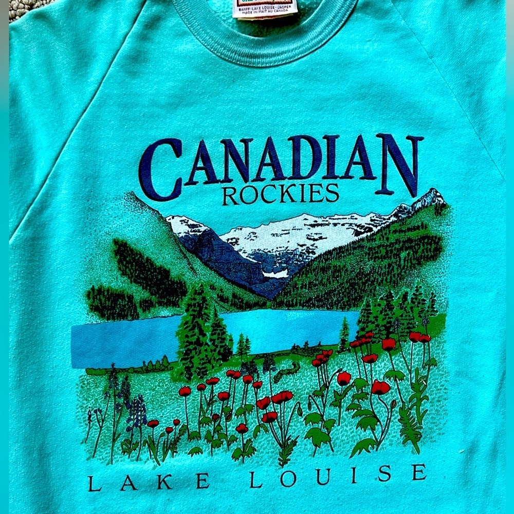 VTG 90s Lake Louise Canadian Rockies Light Blue M Sweatshirt Mountains
